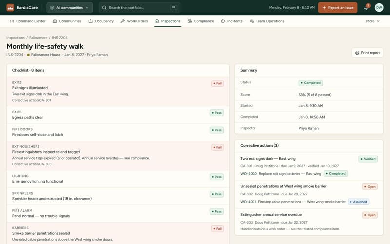 The BardisCare inspection record for a monthly life-safety walk: a pass/fail checklist with findings, the score, and corrective actions linked to the work orders that close them