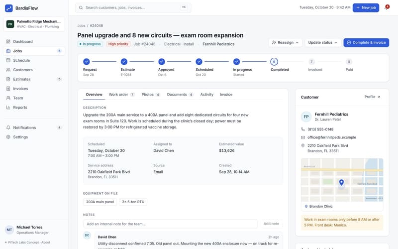 A BardisFlow job: a panel upgrade with its progress from request to payment, description, schedule, notes and the customer’s location