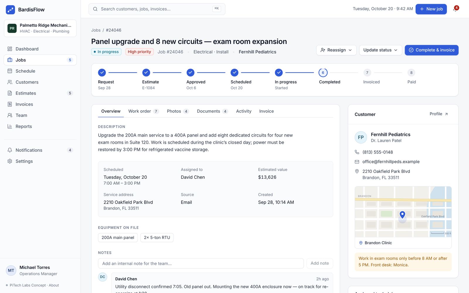 A BardisFlow job: a panel upgrade with its progress from request to payment, description, schedule, notes and the customer’s location