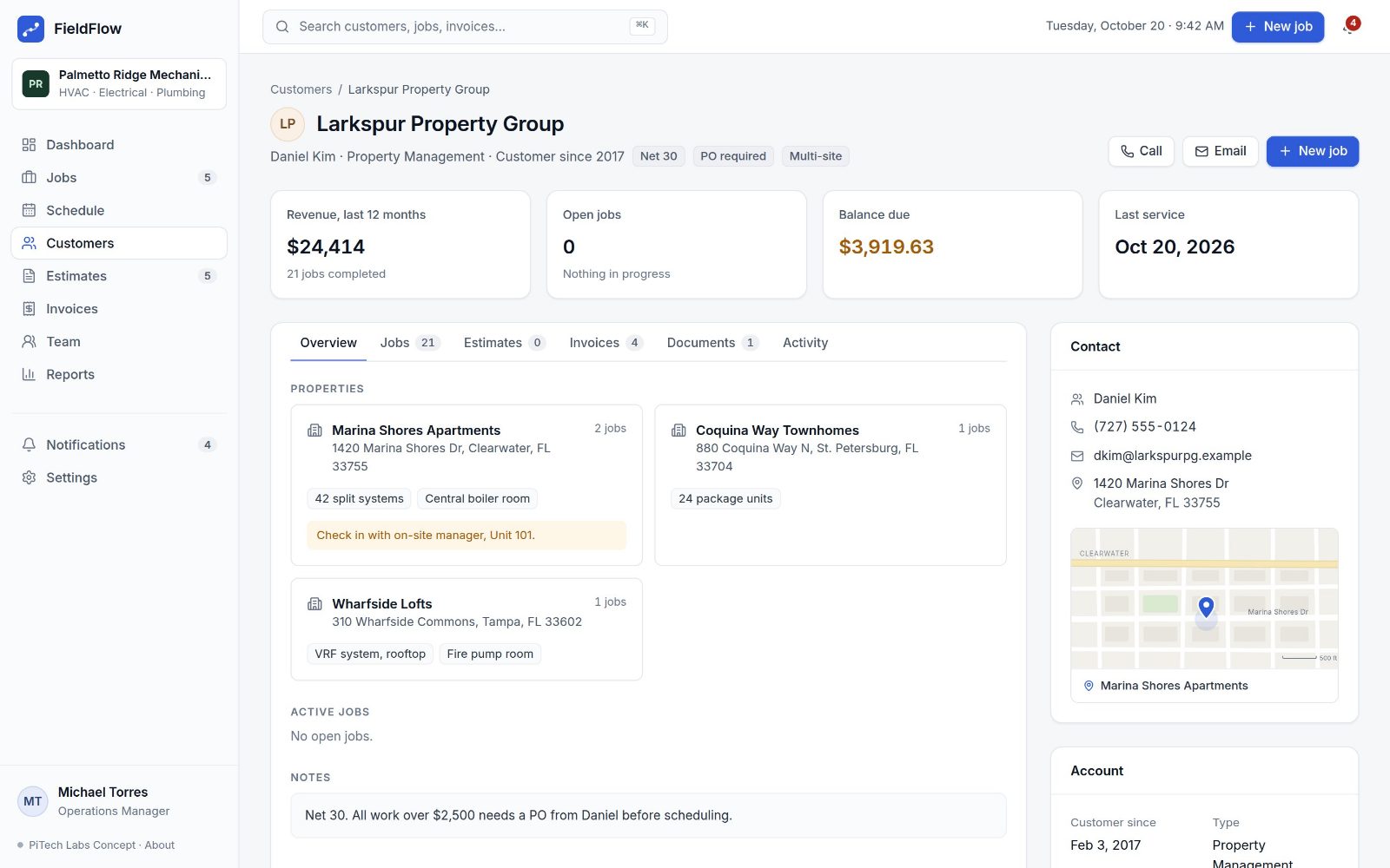 A FieldFlow customer record for a property management company: twelve-month revenue, open balance, properties with equipment and notes