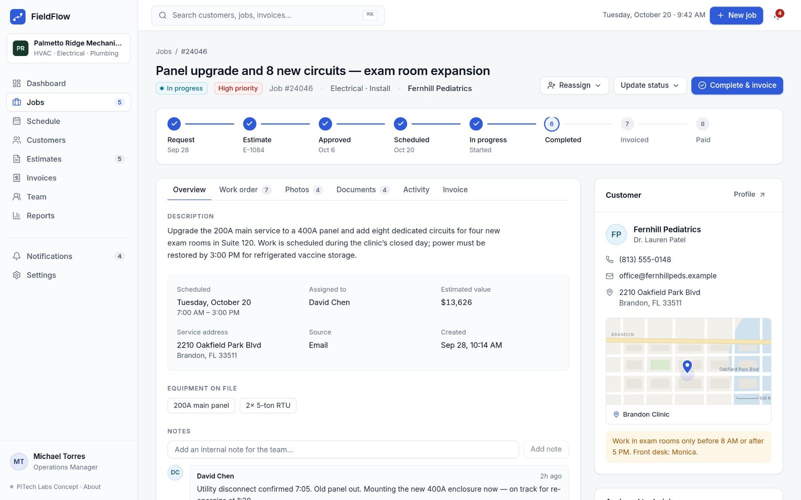 A FieldFlow job: a panel upgrade with its progress from request to payment, description, schedule, notes and the customer’s location