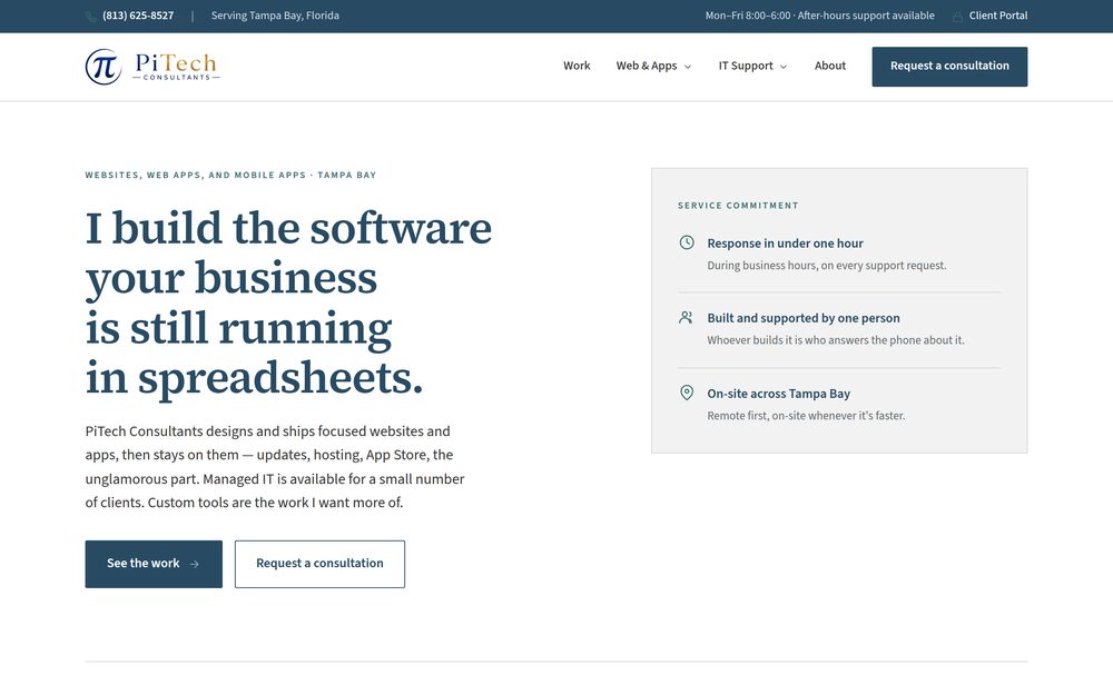 The PiTech Consultants home page at desktop width