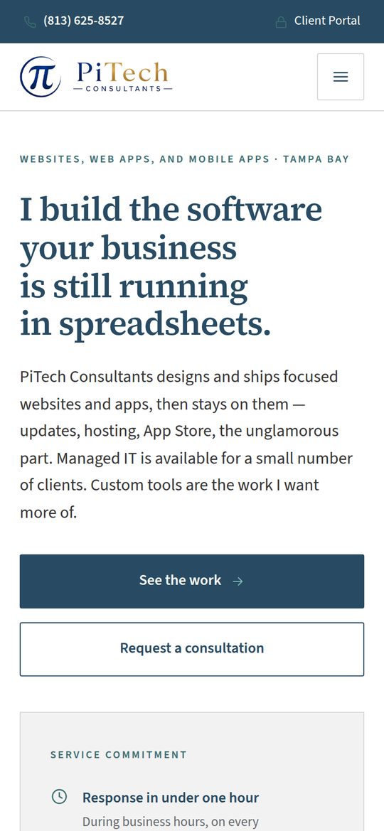 The same PiTech Consultants home page at phone width