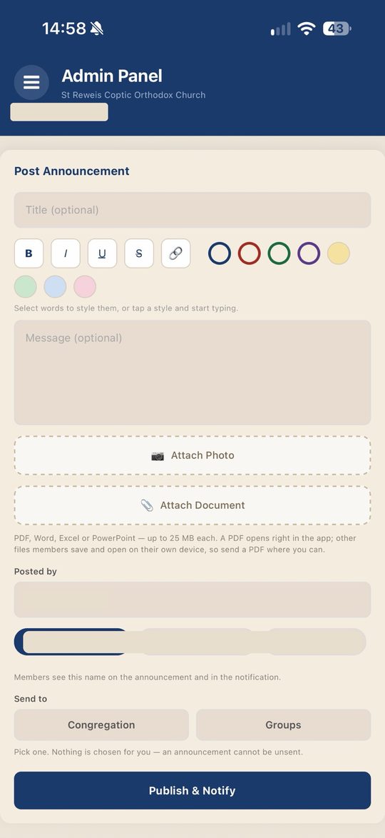 The announcement composer an admin sees: a title field, a message with styling controls, photo and document attachments, the name it will be posted under, and a choice between sending to the congregation or to groups