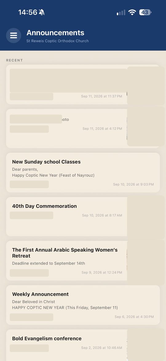 The announcements list in the app, newest first, with some posts blurred