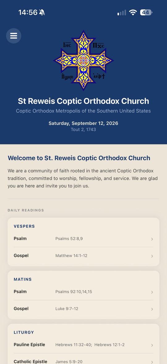 The St Reweis Church app home screen: the church name, the date in both calendars, and the readings for the day