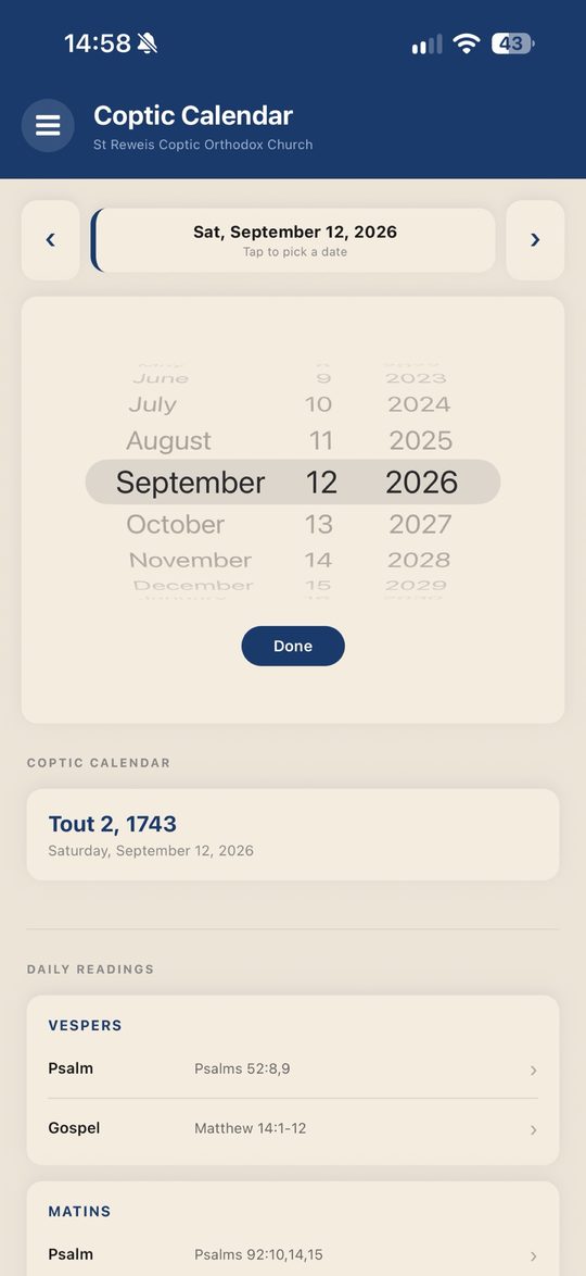 The Coptic calendar in the app, with a date picker and that day’s readings