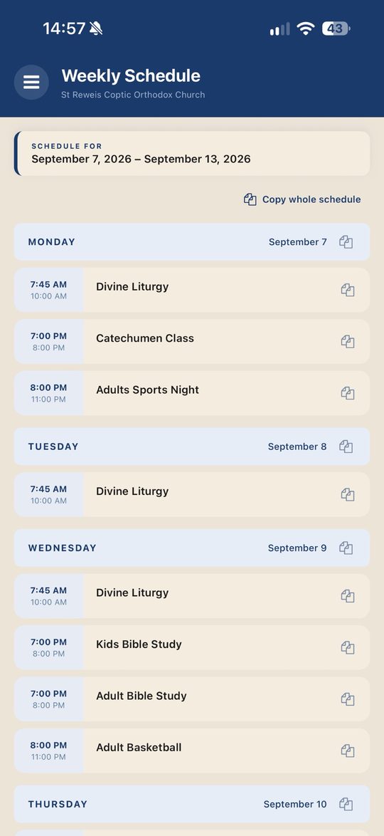 The weekly schedule in the app, laid out day by day with start and end times